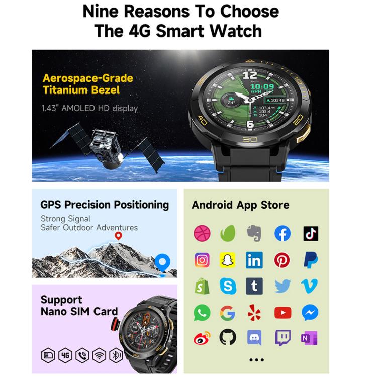 UNIWA DM300 4G Android Watch Phone, 1.43 inc Unisoc SL8541E Quad Core, Support Heart Rate / Blood Oxygen, 2GB+16GB, 4GB+64GB