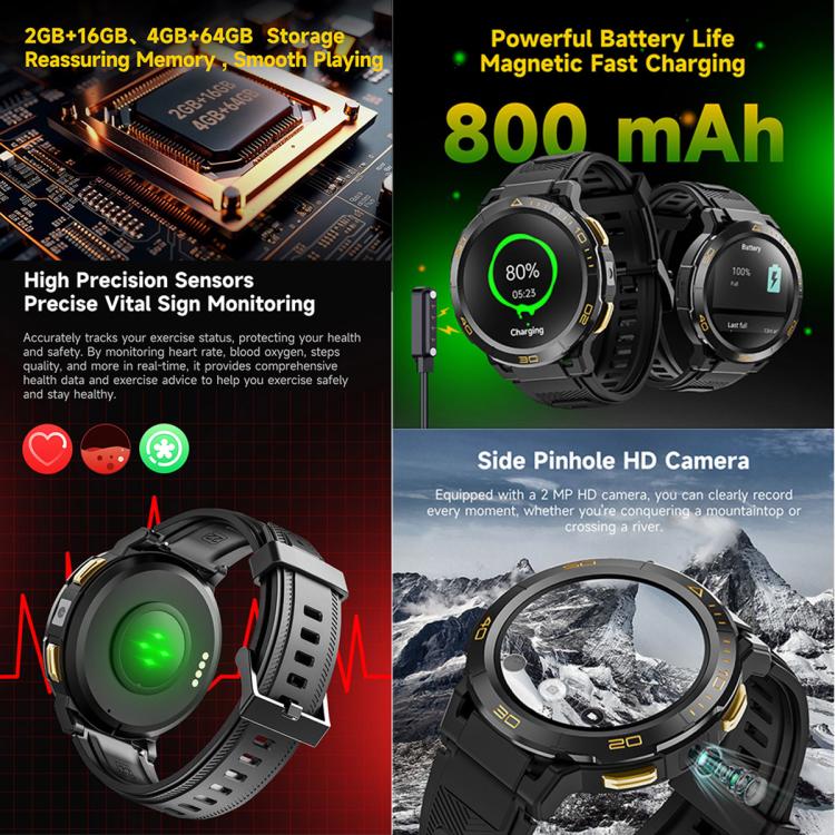 UNIWA DM300 4G Android Watch Phone, 1.43 inc Unisoc SL8541E Quad Core, Support Heart Rate / Blood Oxygen, 2GB+16GB, 4GB+64GB