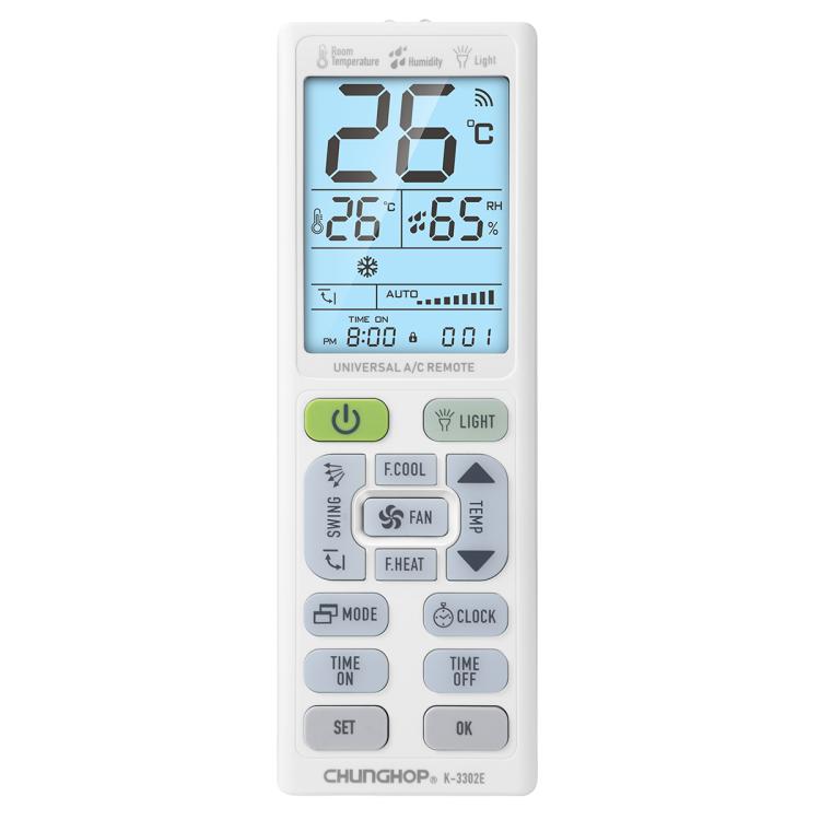 جهاز تحكم عن بعد عالمي لمكيف الهواء CHUNGHOP K-3302E مع مصباح يدوي وإضاءة خلفية LCD، K-3302E
