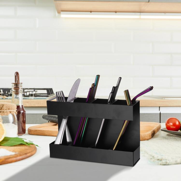 Four-grid Straw Cutlery Metal Storage Rack Kitchen Organizer with 12pcs Soft Magnetic Sheet, with 12pcs Soft Magnetic Sheet
