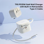 شاحن جداري ROCK T90 PD35W Type-C منفذ واحد GaN مع كابل Type-C قابل للسحب، قابس المملكة المتحدة، قابس الاتحاد الأوروبي