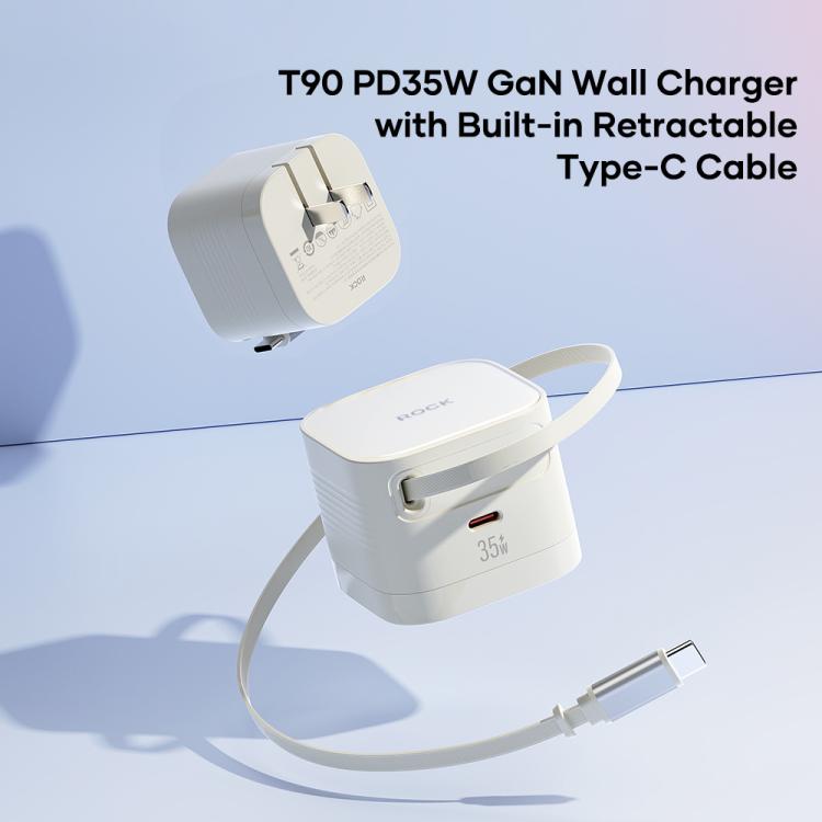 شاحن جداري ROCK T90 PD35W Type-C منفذ واحد GaN مع كابل Type-C قابل للسحب، قابس المملكة المتحدة، قابس الاتحاد الأوروبي