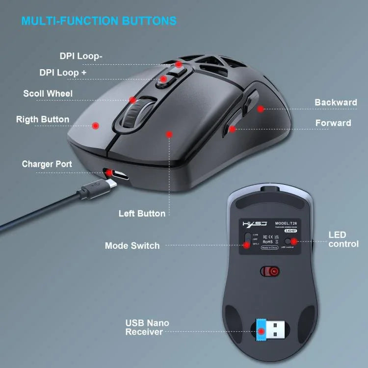 HXSJ T26 Dual Modes 2.4G BT5.1 Rechargeable Wireless Mouse, T26