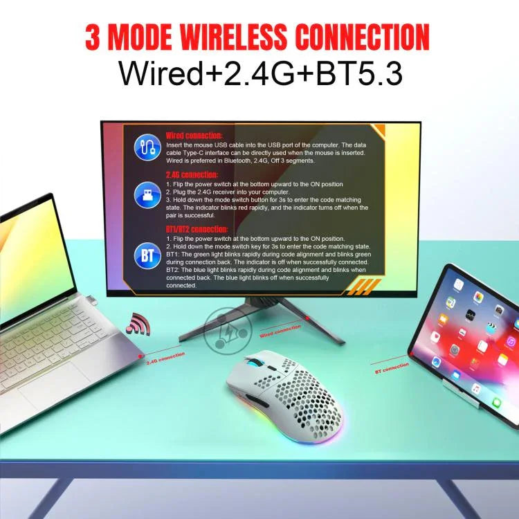 HXSJ T66 3 Modes Wired 2.4G BT5.3 Wireless RGB Rechargeable Mouse, T66