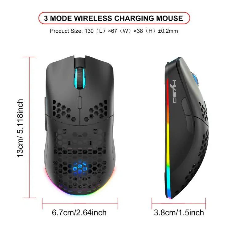 HXSJ T66 3 Modes Wired 2.4G BT5.3 Wireless RGB Rechargeable Mouse, T66