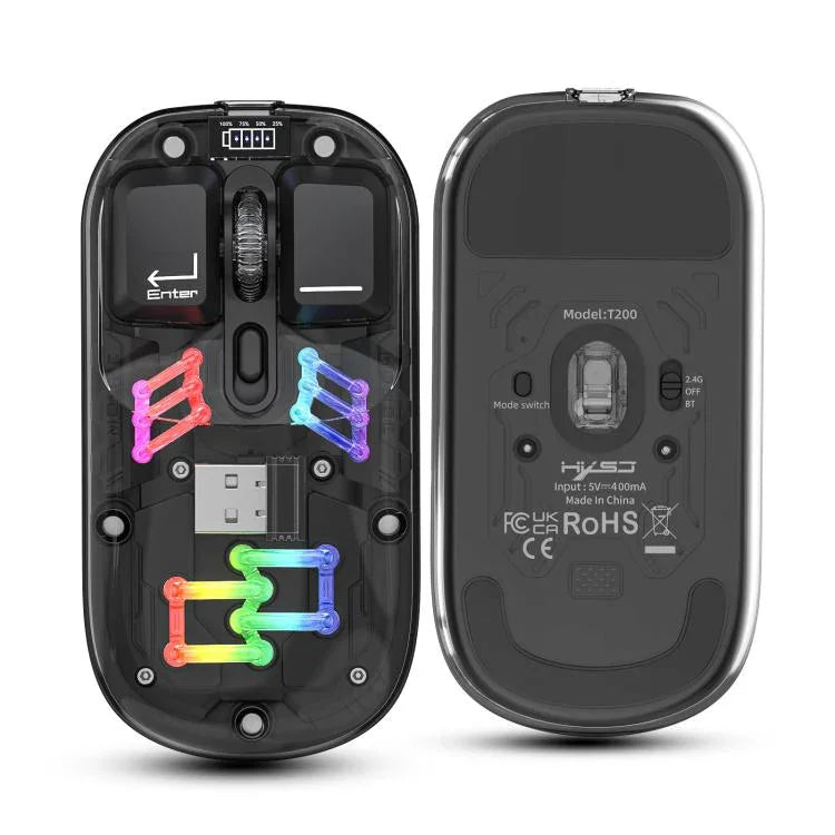 HXSJ T200 Dual Modes 2.4G BT5.0 Transparent RGB Wireless Mouse, T200