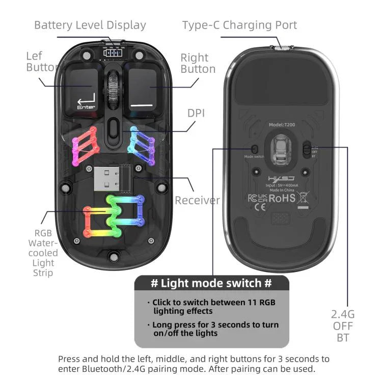 HXSJ T200 Dual Modes 2.4G BT5.0 Transparent RGB Wireless Mouse, T200