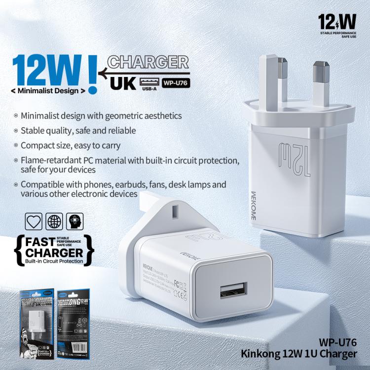 شاحن WK WP-U76 Kinkong بقوة 12 واط USB، قابس المملكة المتحدة، قابس الولايات المتحدة، قابس الاتحاد الأوروبي