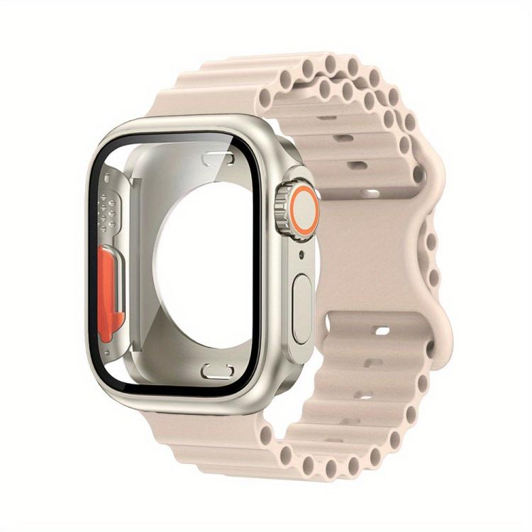 Butterfly Buckle Ocean Silicone Watch Band with Film Integrated PC Case, For Apple Watch Series 44mm, For Apple Watch Series 40mm, For Apple Watch Series 10 / 11 46mm, For Apple Watch Series 10 / 11 42mm, For Apple Watch Series 45mm                    ...