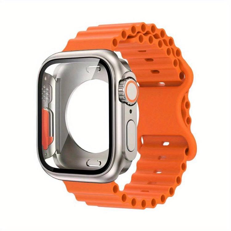 Butterfly Buckle Ocean Silicone Watch Band with Film Integrated PC Case, For Apple Watch Series 44mm, For Apple Watch Series 40mm, For Apple Watch Series 10 / 11 46mm, For Apple Watch Series 10 / 11 42mm, For Apple Watch Series 45mm                    ...