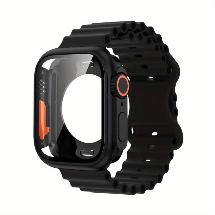 Butterfly Buckle Ocean Silicone Watch Band with Film Integrated PC Case, For Apple Watch Series 44mm, For Apple Watch Series 40mm, For Apple Watch Series 10 / 11 46mm, For Apple Watch Series 10 / 11 42mm, For Apple Watch Series 45mm                    ...