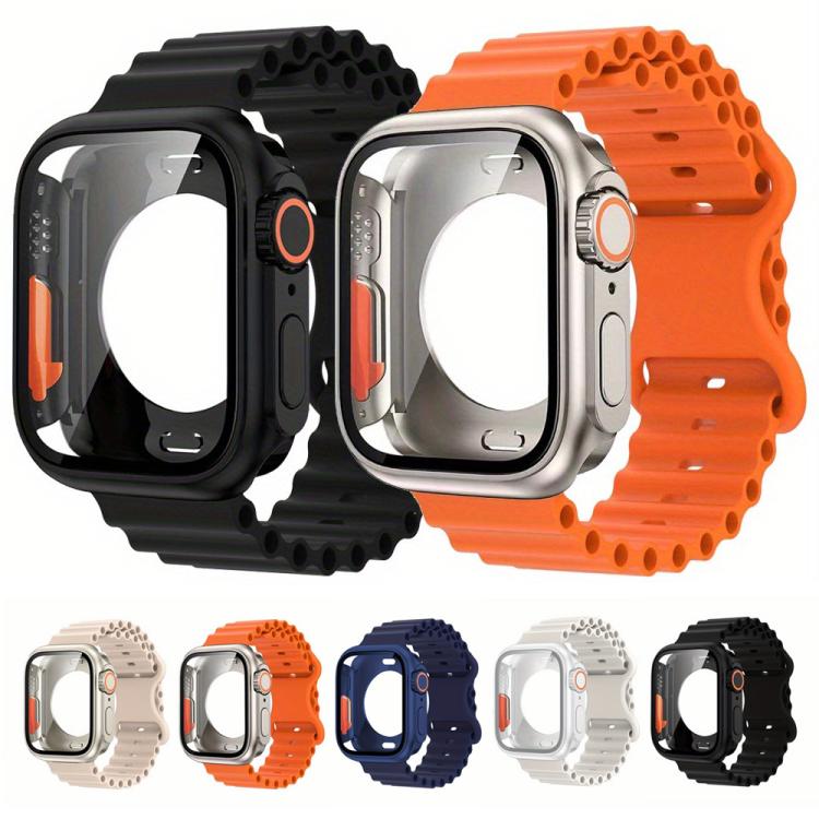 Butterfly Buckle Ocean Silicone Watch Band with Film Integrated PC Case, For Apple Watch Series 44mm, For Apple Watch Series 40mm, For Apple Watch Series 10 / 11 46mm, For Apple Watch Series 10 / 11 42mm, For Apple Watch Series 45mm                    ...