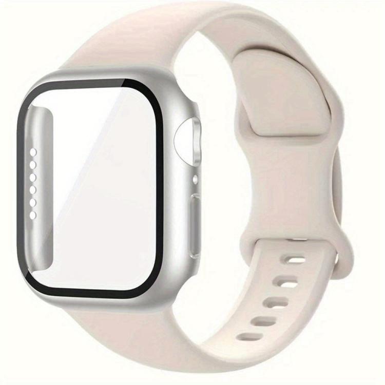 Butterfly Buckle Silicone Watch Band with Film Integrated PC Cover, For Apple Watch Series 44mm, For Apple Watch Series 40mm, For Apple Watch Series 10 / 11 46mm, For Apple Watch Series 10 / 11 42mm, For Apple Watch Series 45mm                         ...