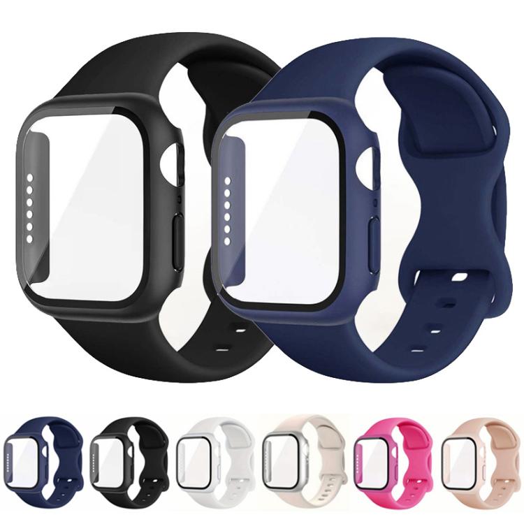 Butterfly Buckle Silicone Watch Band with Film Integrated PC Cover, For Apple Watch Series 44mm, For Apple Watch Series 40mm, For Apple Watch Series 10 / 11 46mm, For Apple Watch Series 10 / 11 42mm, For Apple Watch Series 45mm                         ...