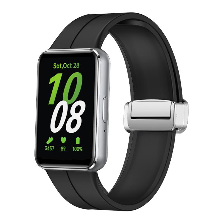 Magnetic Fold Silver Buckle Silicone Watch Band, For Samsung Galaxy Fit 3