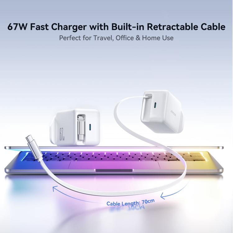 شاحن سريع JOYROOM JR-TCL06 67 واط USB-C / Type-C GaN مع كابل قابل للسحب، قابس المملكة المتحدة