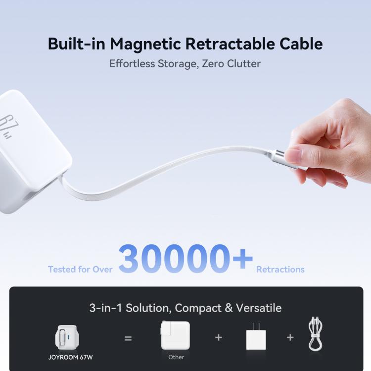 شاحن سريع JOYROOM JR-TCL06 67 واط USB-C / Type-C GaN مع كابل قابل للسحب، قابس المملكة المتحدة