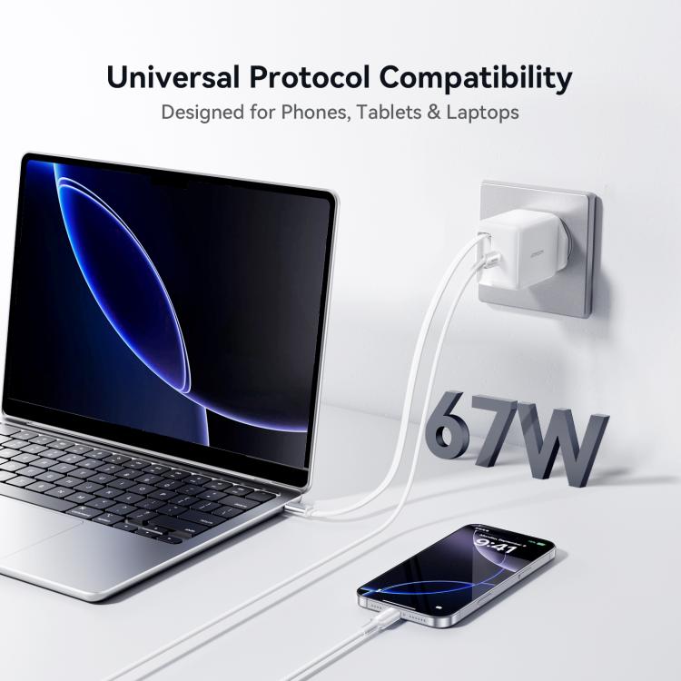 شاحن سريع JOYROOM JR-TCL06 67 واط USB-C / Type-C GaN مع كابل قابل للسحب، قابس المملكة المتحدة