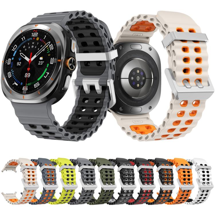 Ocean Two Color Dual-Row Hole Silver Buckle Silicone Watch Band, For Samsung Galaxy Watch Ultra / Ultra 2025