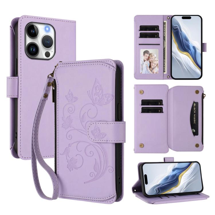 Butterfly Love Flower Multi-card Zipper Wallet Leather Phone Case, For iPhone 17e / 16e, For iPhone 17 Pro Max, For iPhone 17 Pro, For iPhone 17, For iPhone Air, For iPhone 16 Pro Max