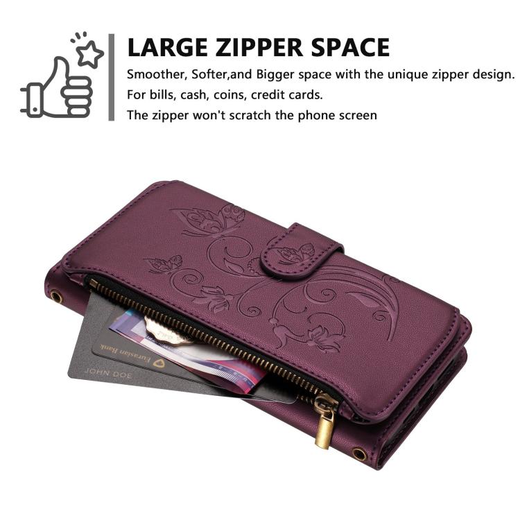 Butterfly Love Flower Multi-card Zipper Wallet Leather Phone Case, For iPhone 16 Pro, For iPhone 16 Plus, For iPhone 16, For iPhone 15 Pro Max, For iPhone 15 Pro, For iPhone 15 Plus