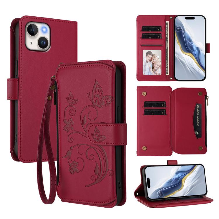 Butterfly Love Flower Multi-card Zipper Wallet Leather Phone Case, For iPhone 16 Pro, For iPhone 16 Plus, For iPhone 16, For iPhone 15 Pro Max, For iPhone 15 Pro, For iPhone 15 Plus