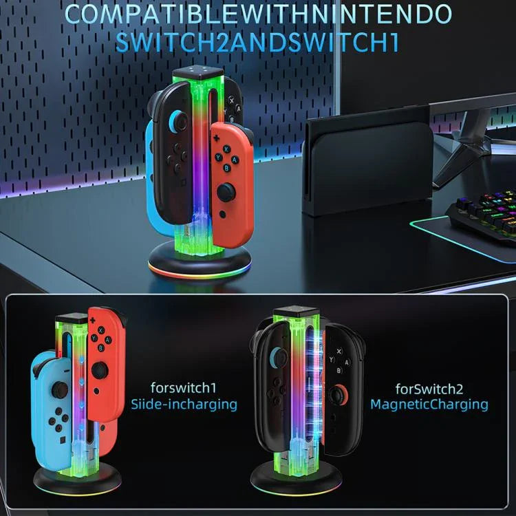 JYS NS2318 4 in 1 Game Controller Charging Dock with RGB Light, For Nintendo Switch 1 / 2, JYS-NS2318