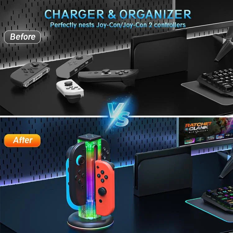 JYS NS2318 4 in 1 Game Controller Charging Dock with RGB Light, For Nintendo Switch 1 / 2, JYS-NS2318