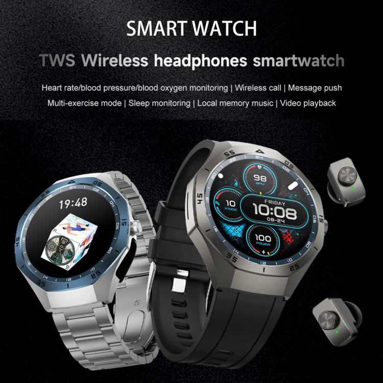 F38 Dual-ear Bluetooth Earphone Smart Watch IP67 Supports Heart Rate Monitoring, Silicone, Leather, Steel