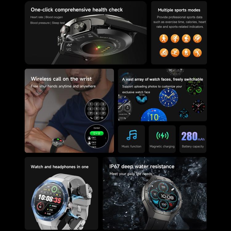 F38 Dual-ear Bluetooth Earphone Smart Watch IP67 Supports Heart Rate Monitoring, Silicone, Leather, Steel