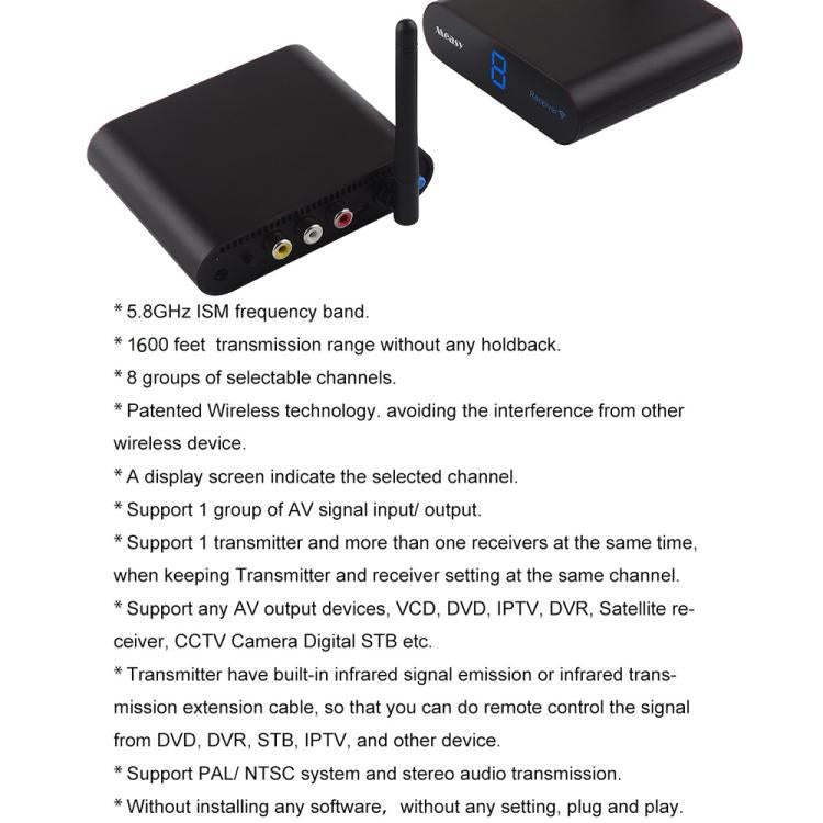 Measy AV550 Émetteur et récepteur audio/vidéo sans fil 5,8 GHz avec fonction de retour infrarouge, portée : 500 m, AV550 noir