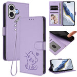 Embossed Heart Cat Leather Phone Case with Hand Strap, For iPhone 17e / 16e, For iPhone 17 Pro Max, For iPhone 17 Pro, For iPhone 17