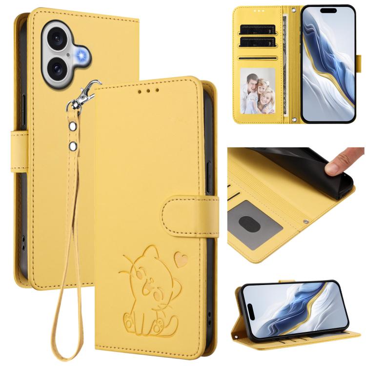 Embossed Heart Cat Leather Phone Case with Hand Strap, For iPhone 17e / 16e, For iPhone 17 Pro Max, For iPhone 17 Pro, For iPhone 17