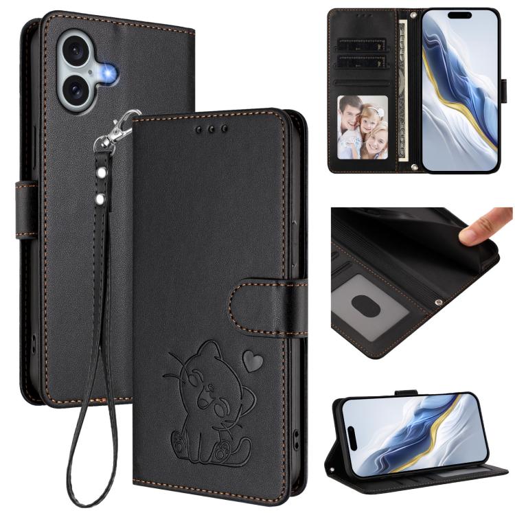 Embossed Heart Cat Leather Phone Case with Hand Strap, For iPhone Air, For iPhone 16 Pro Max, For iPhone 16 Pro, For iPhone 16 Plus