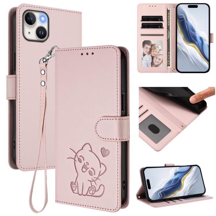 غطاء هاتف من الجلد بنقش قلب وقطة مع حزام يد، لهواتف iPhone 15، iPhone 14 Plus، iPhone 14 / 13، iPhone 14 Pro