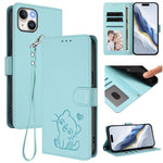 Embossed Heart Cat Leather Phone Case with Hand Strap, For iPhone 15, For iPhone 14 Plus, For iPhone 14 / 13, For iPhone 14 Pro