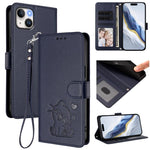 Embossed Heart Cat Leather Phone Case with Hand Strap, For iPhone 15, For iPhone 14 Plus, For iPhone 14 / 13, For iPhone 14 Pro