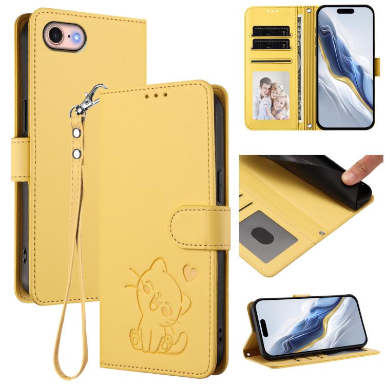 غطاء هاتف من الجلد بنقش قلب وقطة مع حزام يد، لهواتف iPhone 14 Pro Max، iPhone 7 / 8 / SE 2022، iPhone 13 Pro Max، iPhone 13 Pro