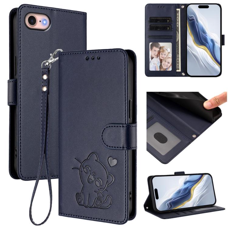 غطاء هاتف من الجلد بنقش قلب وقطة مع حزام يد، لهواتف iPhone 14 Pro Max، iPhone 7 / 8 / SE 2022، iPhone 13 Pro Max، iPhone 13 Pro
