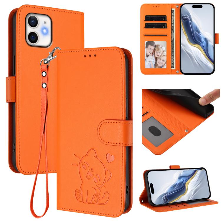 Embossed Heart Cat Leather Phone Case with Hand Strap, For iPhone 13 mini, For iPhone 12 / 12 Pro, For iPhone 12 Pro Max, For iPhone 12 mini