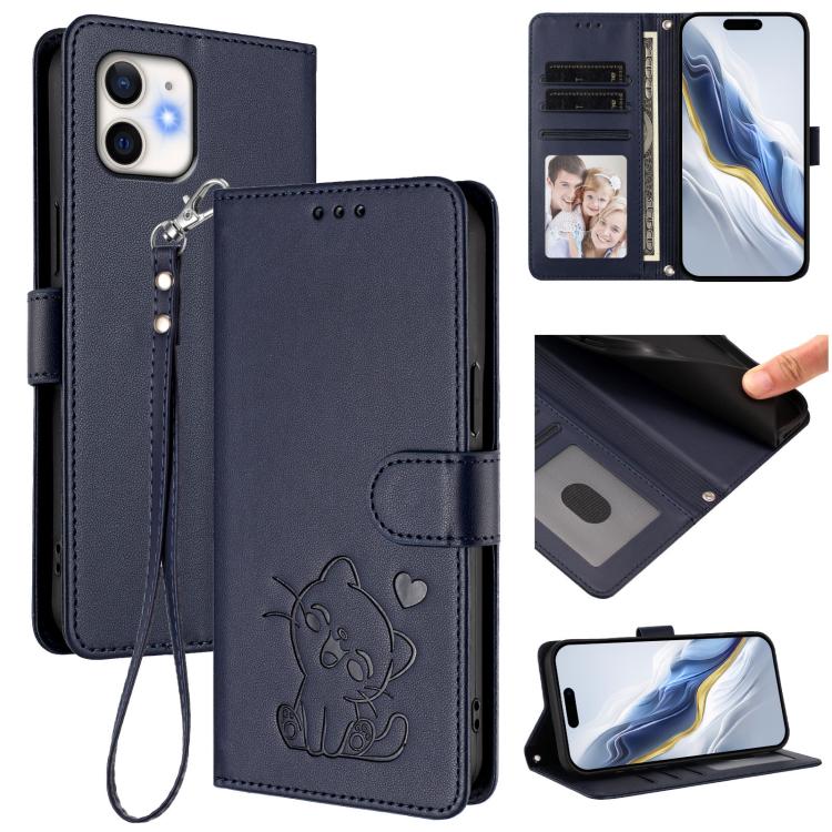 Embossed Heart Cat Leather Phone Case with Hand Strap, For iPhone 13 mini, For iPhone 12 / 12 Pro, For iPhone 12 Pro Max, For iPhone 12 mini