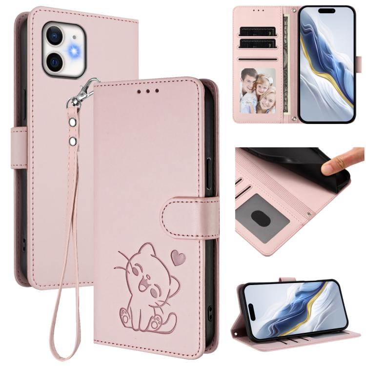 غطاء هاتف جلدي بنقش قلب وقطة مع حزام يد، لهواتف iPhone 11 Pro Max، iPhone 11، iPhone 11 Pro، iPhone X / XS