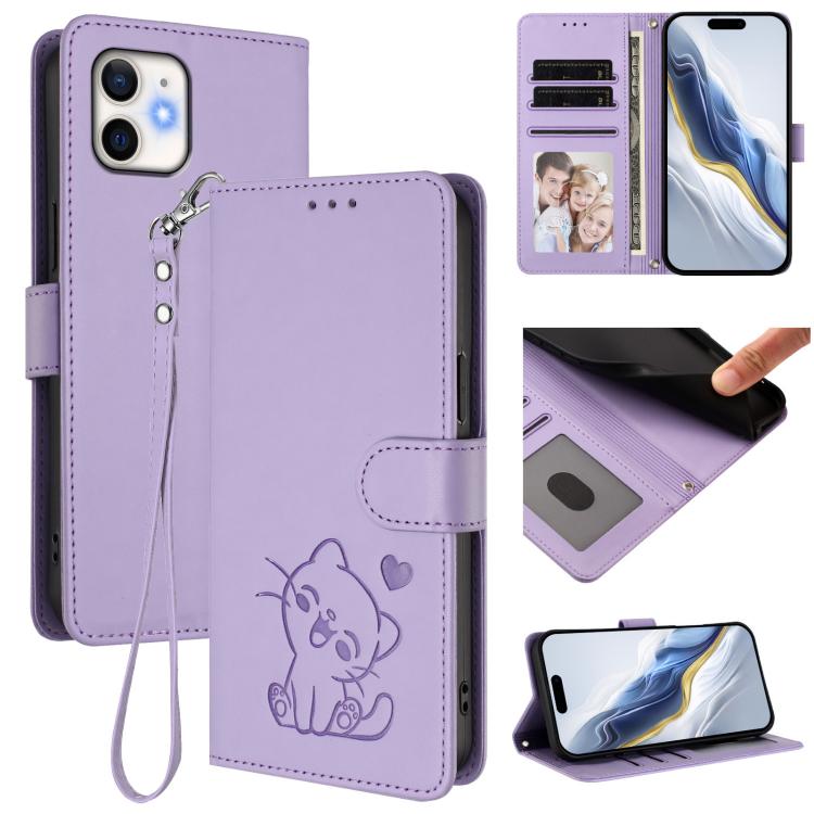 غطاء هاتف جلدي بنقش قلب وقطة مع حزام يد، لهواتف iPhone 11 Pro Max، iPhone 11، iPhone 11 Pro، iPhone X / XS