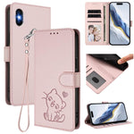 غطاء هاتف جلدي بنقش قلب وقطة مع حزام يد، لهواتف iPhone 11 Pro Max، iPhone 11، iPhone 11 Pro، iPhone X / XS