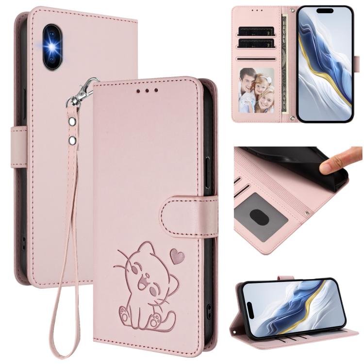 غطاء هاتف جلدي بنقش قلب وقطة مع حزام يد، لهواتف iPhone 11 Pro Max، iPhone 11، iPhone 11 Pro، iPhone X / XS