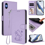 غطاء هاتف جلدي بنقش قلب وقطة مع حزام يد، لهواتف iPhone 11 Pro Max، iPhone 11، iPhone 11 Pro، iPhone X / XS
