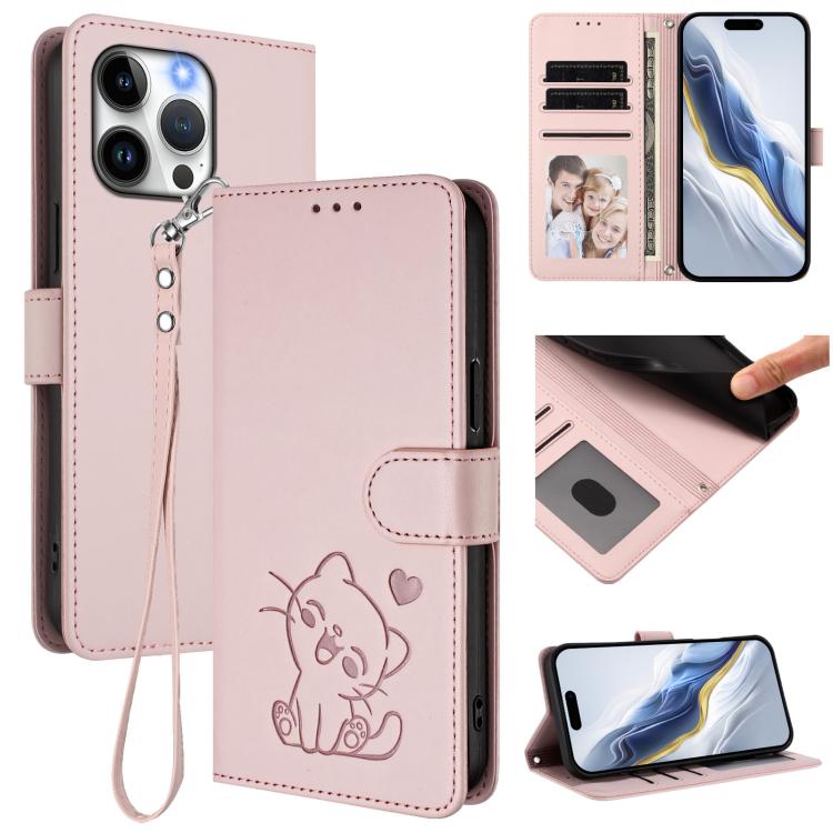 Embossed Heart Cat Leather Phone Case with Hand Strap, For iPhone 15, For iPhone 14 Plus, For iPhone 14 / 13, For iPhone 14 Pro
