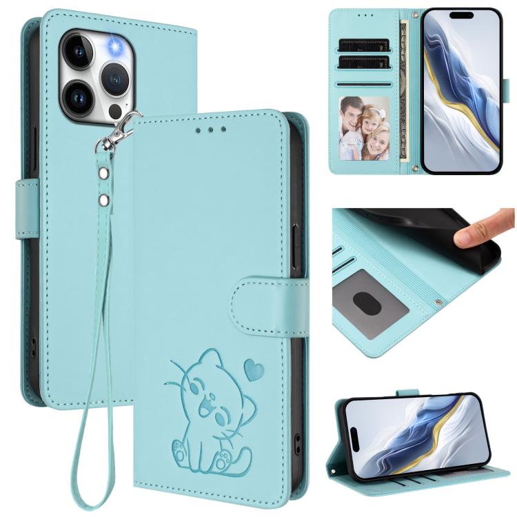 Embossed Heart Cat Leather Phone Case with Hand Strap, For iPhone 15, For iPhone 14 Plus, For iPhone 14 / 13, For iPhone 14 Pro