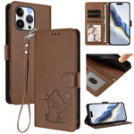 Embossed Heart Cat Leather Phone Case with Hand Strap, For iPhone 15, For iPhone 14 Plus, For iPhone 14 / 13, For iPhone 14 Pro
