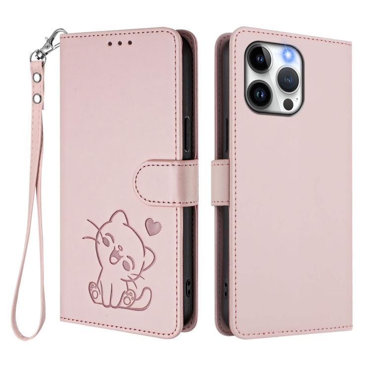 غطاء هاتف من الجلد بنقش قلب وقطة مع حزام يد، لهواتف iPhone 14 Pro Max، iPhone 7 / 8 / SE 2022، iPhone 13 Pro Max، iPhone 13 Pro